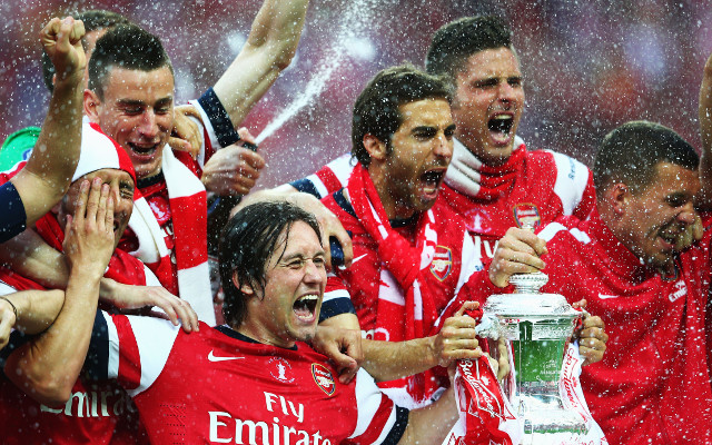 Arsenal FA Cup Trophy Laurent Koscielny Mathieu Flamini Olivier Giroud Tomas Rosicky Lukas Podolski