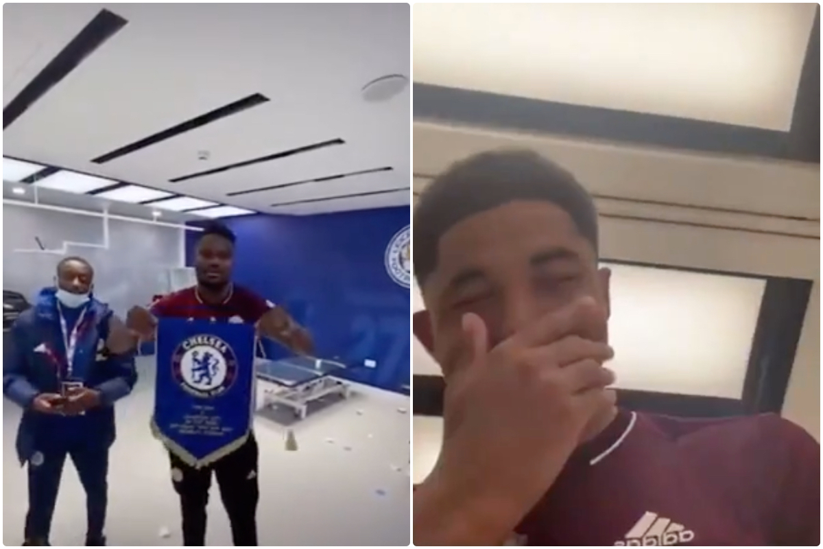 Video: Leicester star throws away traditional Chelsea flag in immediate dressing room celebration after FA Cup final triumph