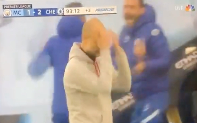 Video: Late Chelsea winner forces frustrated Pep Guardiola to slap his bald head as Man City manager cannot believe collapse