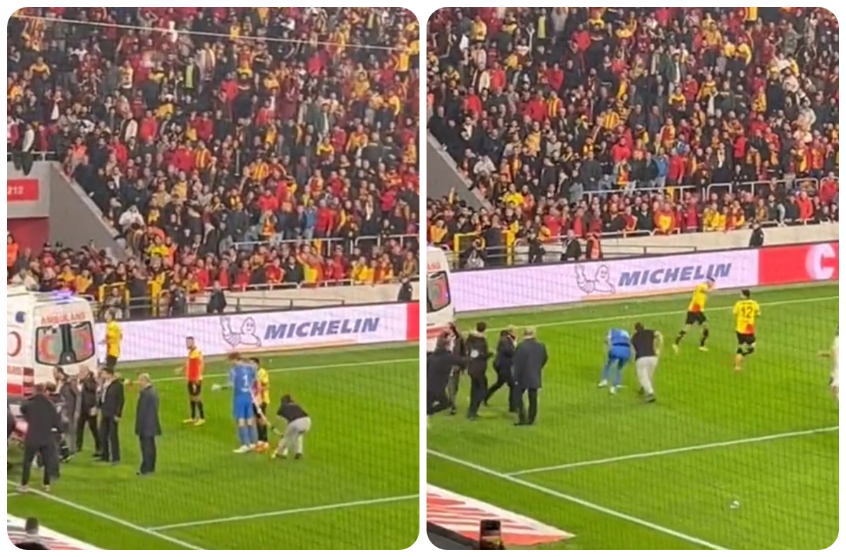 Video: Fan breaks corner flag off goalkeeper’s back during violent attack in suspended Turkish match